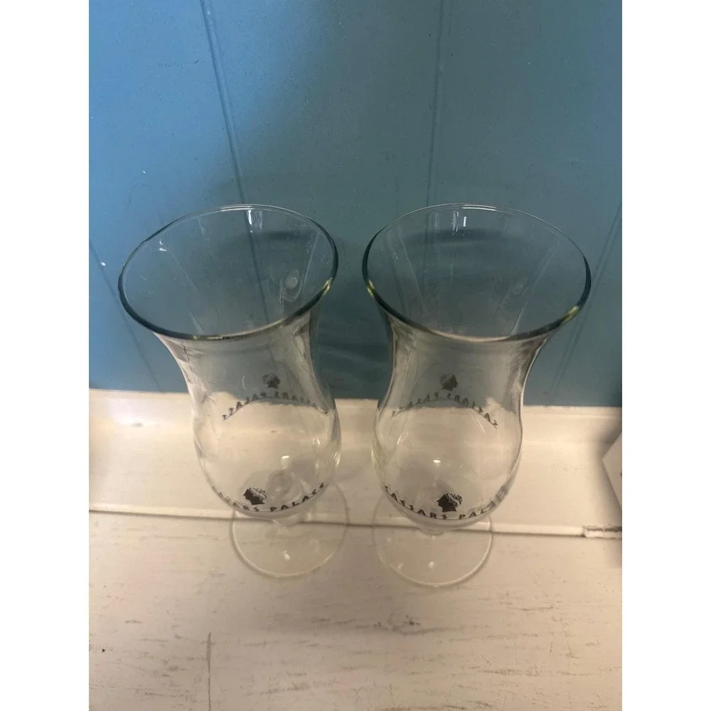 Vintage Caesars Palace Las Vegas Hurricane Glasses Set of‎ 2 Clear Black Logo